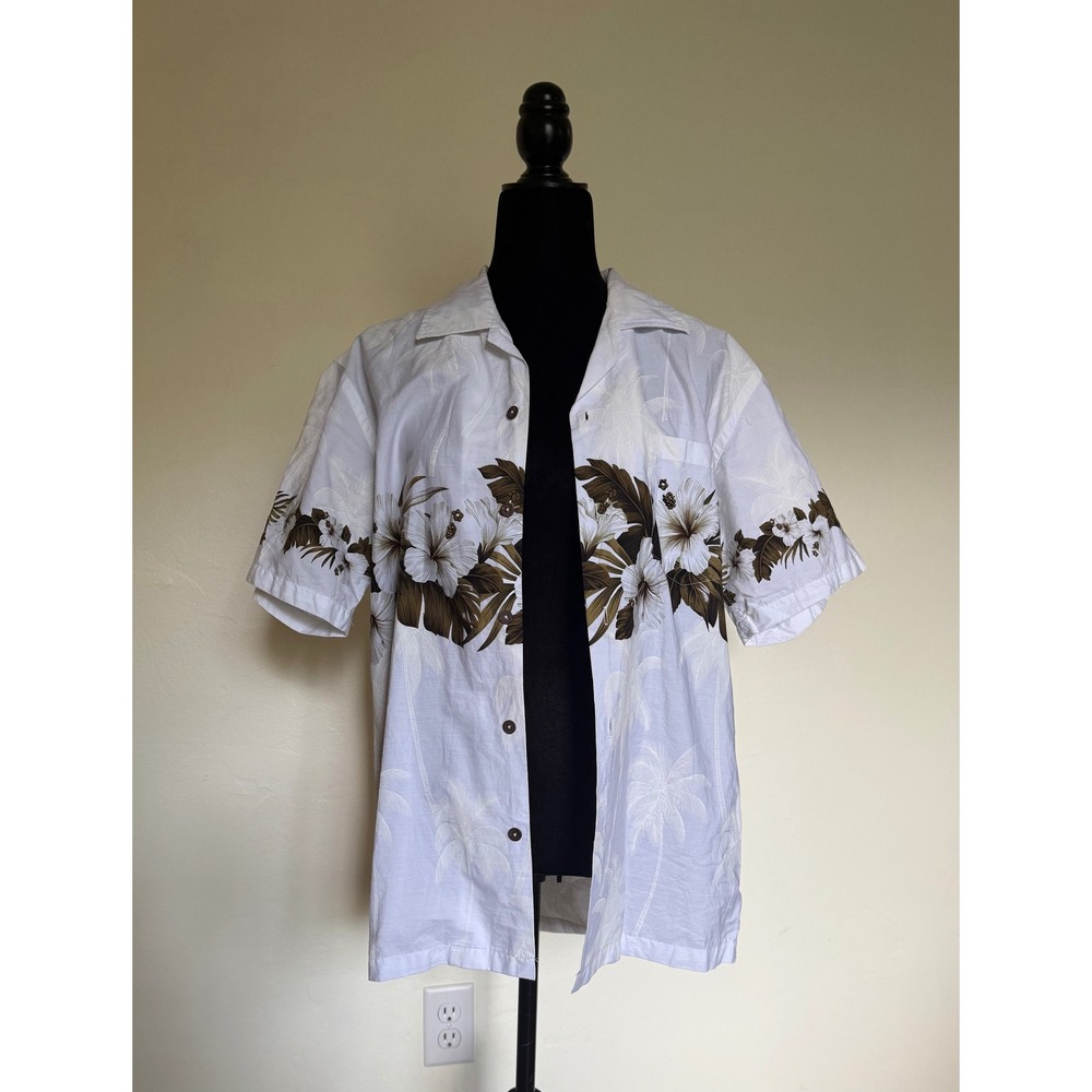 Favant Mens Hawaiian Shirt White Floral Hibiscus Print Cotton Camp Button Down M